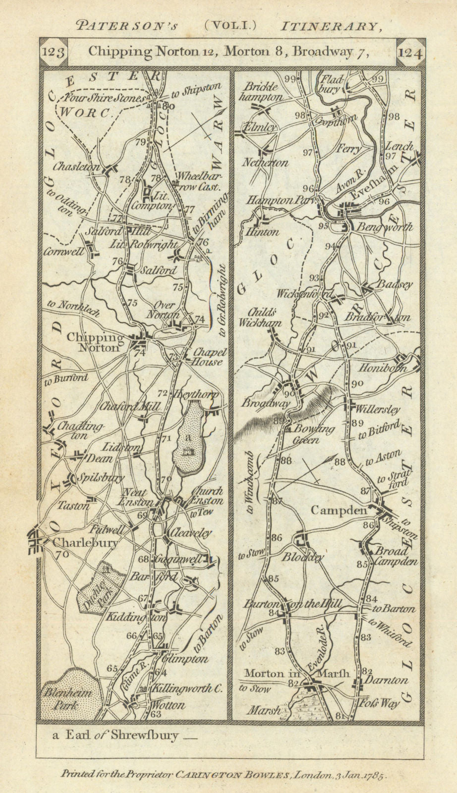 Chipping Norton/Campden-Broadway-Evesham road strip map PATERSON 1785 old